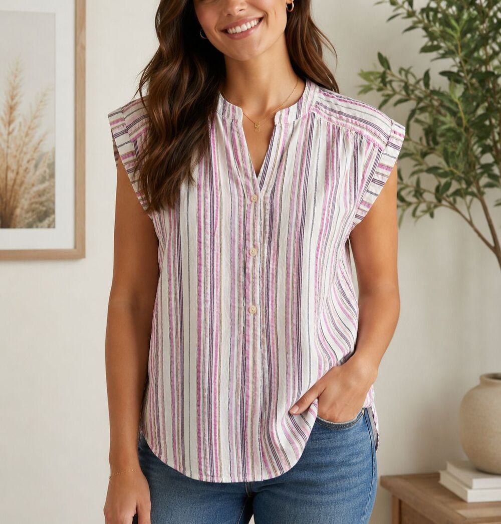 LOFT Women's Striped Cotton Blouse Pink White Cap Sleeve Button Front Small